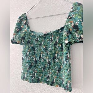 Anthropologie Dolan Smocked Puff-Sleeved Top Green Toucan Petite Small